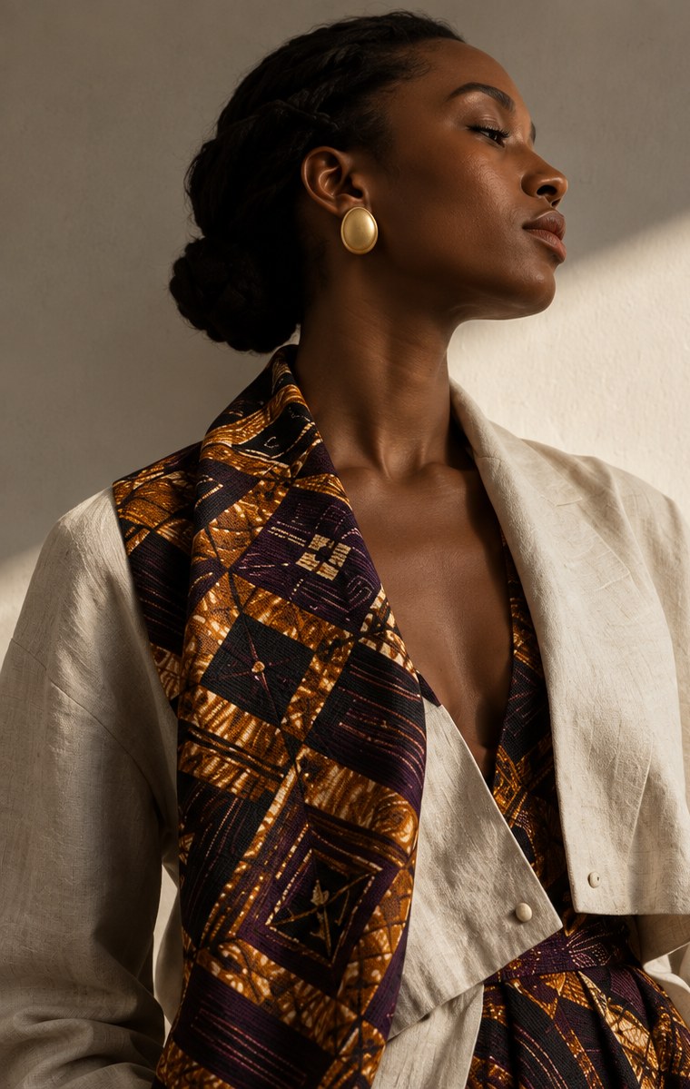 NORVI campaign — woman in an African print dress with the NORVI logo